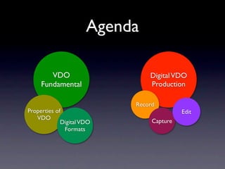 Agenda

        VDO                    Digital VDO
     Fundamental               Production

                           Record
Properties of                             Edit
   VDO
             Digital VDO        Capture
              Formats
 