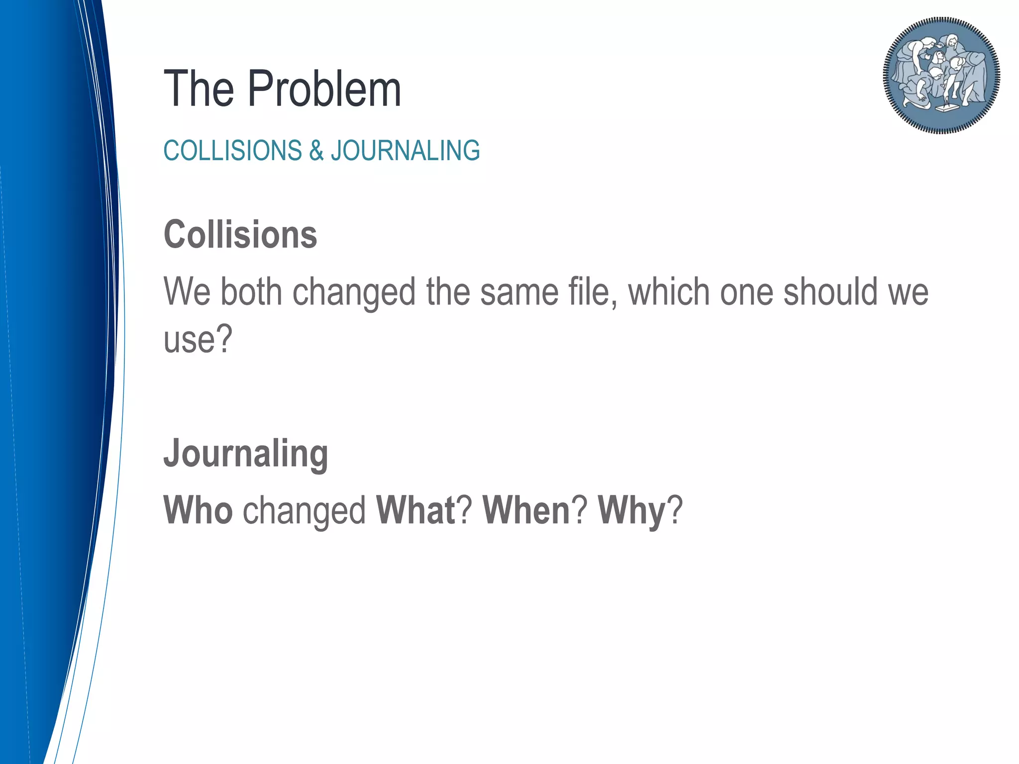 Collisions
We both changed the same file, which one should we
use?
Journaling
Who changed What? When? Why?
The Problem
COLLISIONS & JOURNALING
 