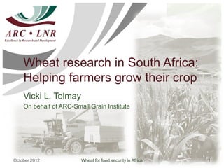 Wheat research in South Africa:
    Helping farmers grow their crop
    Vicki L. Tolmay
    On behalf of ARC-Small Grain Institute




October 2012            Wheat for food security in Africa   1
 