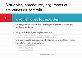 • Un programme en VB .NET est toujours composé en un ou
plusieurs modules
• Chaque module contient des procédures.
• Les procédures dites « générales » :
• ne sont associées ni à un événement, ni à un objet particulier.
• Ce type de procédure se stocke dans un module standard
• Chaque module correspond physiquement à un fichier '.vb'.
• Il existe 3 types de modules:
• Les modules de formulaire.
• Les modules standards.
• Les modules de 'Classe'.
Travailler avec les modules5
Professeur: Hamza SAID
Variables, procédures, arguments et
structures de contrôle
 