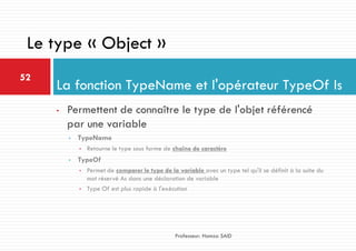 • Permettent de connaître le type de l'objet référencé
par une variable
• TypeName
• Retourne le type sous forme de chaîne de caractère
• TypeOf
• Permet de comparer le type de la variable avec un type tel qu'il se définit à la suite du
mot réservé As dans une déclaration de variable
• Type Of est plus rapide à l'exécution
La fonction TypeName et l'opérateur TypeOf Is
52
Professeur: Hamza SAID
Le type « Object »
 