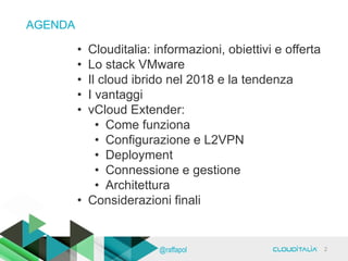 AGENDA
2@raffapol
• Clouditalia: informazioni, obiettivi e offerta
• Lo stack VMware
• Il cloud ibrido nel 2018 e la tendenza
• I vantaggi
• vCloud Extender:
• Come funziona
• Configurazione e L2VPN
• Deployment
• Connessione e gestione
• Architettura
• Considerazioni finali
 