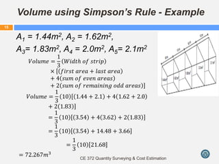 Volume using Simpson’s Rule - Example
A1 = 1.44m2, A2 = 1.62m2,
A3= 1.83m2, A4 = 2.0m2, A5= 2.1m2
𝑉𝑜𝑙𝑢𝑚𝑒 =
1
3
𝑊𝑖𝑑𝑡𝑕 𝑜𝑓 𝑠𝑡𝑟𝑖𝑝
× 𝑓𝑖𝑟𝑠𝑡 𝑎𝑟𝑒𝑎 + 𝑙𝑎𝑠𝑡 𝑎𝑟𝑒𝑎
+ 4 𝑠𝑢𝑚 𝑜𝑓 𝑒𝑣𝑒𝑛 𝑎𝑟𝑒𝑎𝑠
+ 2 𝑠𝑢𝑚 𝑜𝑓 𝑟𝑒𝑚𝑎𝑖𝑛𝑖𝑛𝑔 𝑜𝑑𝑑 𝑎𝑟𝑒𝑎𝑠
𝑉𝑜𝑙𝑢𝑚𝑒 =
1
3
10 1.44 + 2.1 + 4 1.62 + 2.0
+ 2 1.83
=
1
3
10 3.54 + 4 3.62 + 2 1.83
=
1
3
10 3.54 + 14.48 + 3.66
=
1
3
10 21.68
= 72.267𝑚3
CE 372 Quantity Surveying & Cost Estimation
15
 
