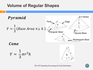 CE 372 Quantity Surveying & Cost Estimation
6
𝑉 =
1
3
𝐵𝑎𝑠𝑒 𝐴𝑟𝑒𝑎 ×⊥ 𝑕
Volume of Regular Shapes
𝑷𝒚𝒓𝒂𝒎𝒊𝒅
𝑪𝒐𝒏𝒆
𝑉 =
1
3
𝜋𝑟2
𝑕
Square Base
h
l
r
.
Rectangular Base
Triangular Base
Square Base
Face
Vertex
Edge
.
.
h
h
h
 