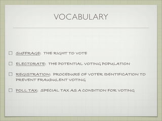 VOCABULARY
SUFFRAGE: THE RIGHT TO VOTE
ELECTORATE: THE POTENTIAL VOTING POPULATION
REGISTRATION: PROCEDURE OF VOTER IDENTIFICATION TO
PREVENT FRAUDULENT VOTING
POLL TAX: SPECIAL TAX AS A CONDITION FOR VOTING
 