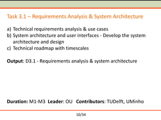Task 3.1 – Requirements Analysis & System Architecture
a) Technical requirements analysis & use cases
b) System architecture and user interfaces - Develop the system
architecture and design
c) Technical roadmap with timescales

Output: D3.1 - Requirements analysis & system architecture

Duration: M1-M3 Leader: OU Contributors: TUDelft, UMinho
10/34

 
