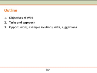 Outline
1. Objectives of WP3
2. Tasks and approach
3. Opportunities, example solutions, risks, suggestions

8/34

 