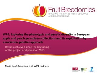 WP4: Exploring the phenotypic and genetic diversity in European
apple and peach germplasm collections and its exploitation by
association genetics approach
Results achieved since the beginning
of the project and plans for 2013
Maria José Aranzana + all WP4 partners
 