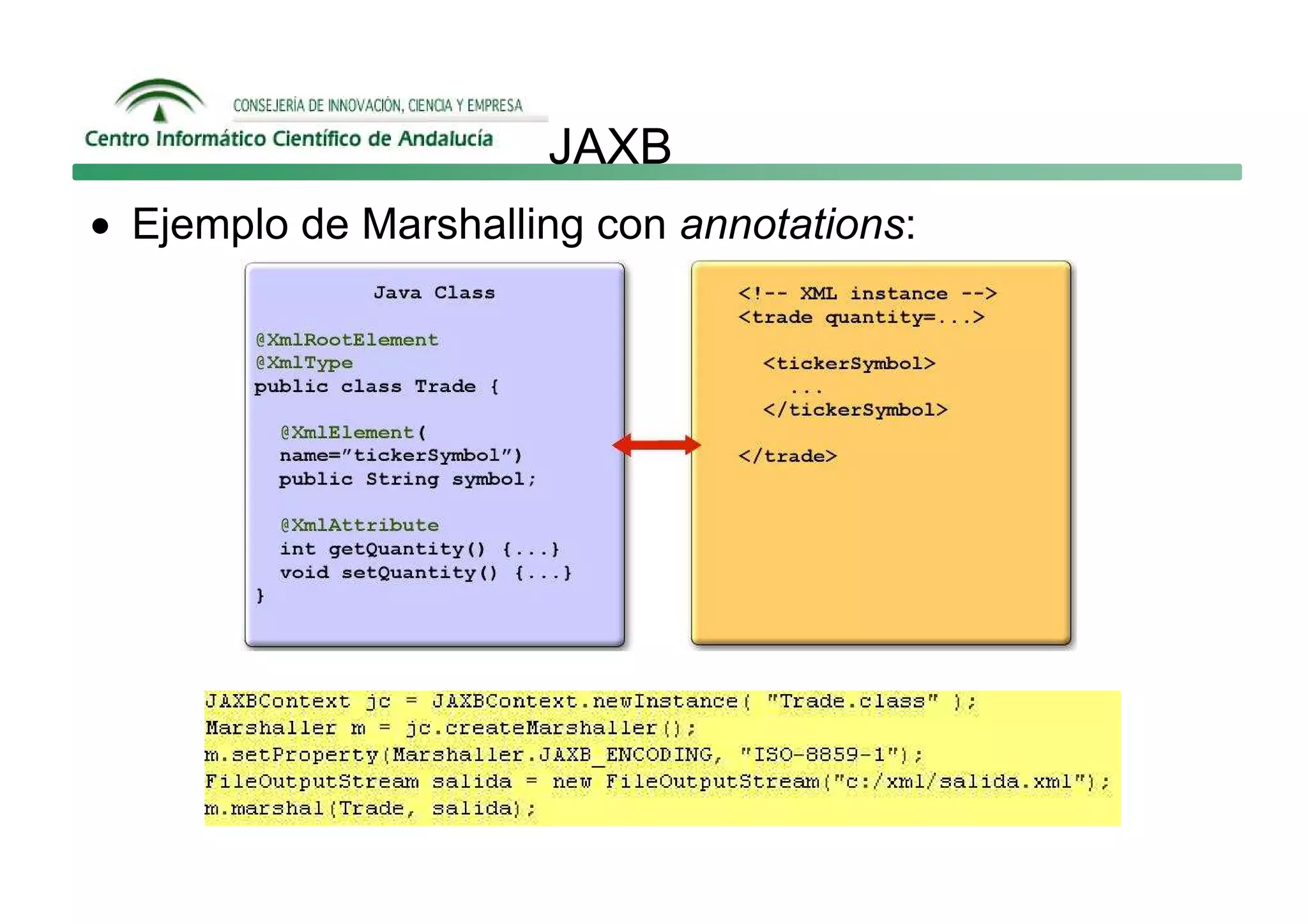 JAXB
• Ejemplo de Marshalling con annotations:
 