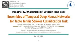 Hai Nguyen-Truong, San Cao, Khoa N. A. Nguyen, Bang-Dang
Pham, Hieu Dao, Minh-Quan Le, Hoang-Phuc Nguyen-Dinh,
Hai-Dang Nguyen, and Minh-Triet Tran
Ensembles of Temporal Deep Neural Networks
for Table Tennis Strokes Classiﬁcation Task
MediaEval 2020 Classiﬁcation of Strokes in Table Tennis
{nthai18, ctsan18, nnakhoa18, pbdang18, dhieu}@apcs.vn
{lmquan, ndhphuc, nhdang}@selab.hcmus.edu.vn, tmtriet@ﬁt.hcmus.edu.vn
Dec.15,2020
1
MediaEval 2020
11th Anniversary Workshop
14-15 December 2020
Sophia Antipolis, France
 