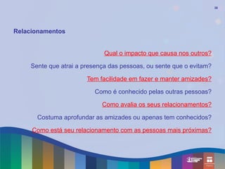 38




Relacionamentos


                             Qual o impacto que causa nos outros?

    Sente que atrai a presença das pessoas, ou sente que o evitam?

                       Tem facilidade em fazer e manter amizades?

                         Como é conhecido pelas outras pessoas?

                            Como avalia os seus relacionamentos?

      Costuma aprofundar as amizades ou apenas tem conhecidos?

     Como está seu relacionamento com as pessoas mais próximas?
 