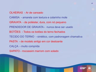 41




OLHEIRAS - Ar de cansado
CAMISA - amarela com textura e colarinho mole
GRAVATA - de poliéster, dura, com nó pequeno
PRENDEDOR DE GRAVATA - nunca deve ser usado
BOTÕES - Todos os botões do terno fechados
TECIDO DO TERNO - sintético, com padronagem chamativa
PASTA - de modelo antigo em cor destoante
CALÇA - muito comprida
SAPATO - mocassim marrom com solado
 