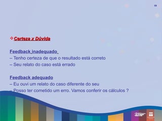 69




Certeza x Dúvida

Feedback inadequado
– Tenho certeza de que o resultado está correto
– Seu relato do caso está errado

Feedback adequado
– Eu ouvi um relato do caso diferente do seu
– Posso ter cometido um erro. Vamos conferir os cálculos ?
 