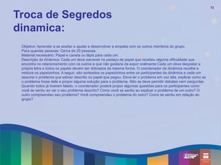 72


Troca de Segredos
dinamica:
 Objetivo: Aprender a se aceitar e ajudar a desenvolver a empatia com os outros membros do grupo.
 Para quantas pessoas: Cerca de 20 pessoas.
 Material necessário: Papel e caneta ou lápis para cada um.
 Descrição da dinâmica: Cada um deve escrever no pedaço de papel que recebeu alguma dificuldade que
 encontra no relacionamento com os outros e que não gostaria de expor oralmente.Cada um deve despistar a
 própria letra e todos os papéis devem ser dobrados da mesma forma. O coordenador da dinâmica recolhe e
 mistura os papeizinhos. A seguir, são sorteados os papeizinhos entre os participantes da dinâmica e cada um
 assume o problema que estiver descrito no papel que pegou. Deve ler o problema em voz alta, explicar como se
 o problema fosse dele e propor alguma solução para o problema. Não se deve permitir debates nem perguntas
 Quando todos já tiverem falado, o coordenador poderá propor algumas questões para os participantes como
 você se sentiu ao ver o seu problema descrito? Como você se sentiu ao explicar o problema de um outro? O
 outro compreendeu seu problema? Você compreendeu o problema do outro? Como se sentiu em relação ao
 grupo?
 