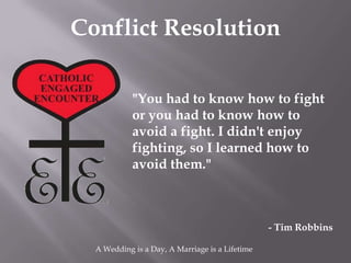 Conflict Resolution

            "You had to know how to fight
            or you had to know how to
            avoid a fight. I didn't enjoy
            fighting, so I learned how to
            avoid them."



                                                 - Tim Robbins

  A Wedding is a Day, A Marriage is a Lifetime
 