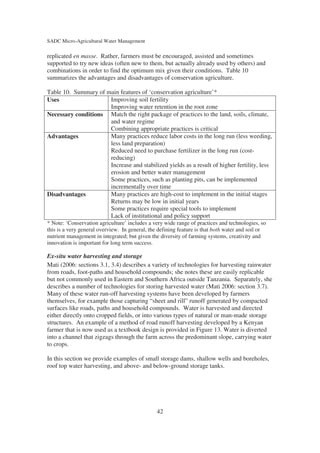 SADC Micro-Agricultural Water Management

replicated en masse. Rather, farmers must be encouraged, assisted and sometimes
supported to try new ideas (often new to them, but actually already used by others) and
combinations in order to find the optimum mix given their conditions. Table 10
summarizes the advantages and disadvantages of conservation agriculture.

Table 10. Summary of main features of ‘conservation agriculture’*
Uses                  Improving soil fertility
                      Improving water retention in the root zone
Necessary conditions Match the right package of practices to the land, soils, climate,
                      and water regime
                      Combining appropriate practices is critical
Advantages            Many practices reduce labor costs in the long run (less weeding,
                      less land preparation)
                      Reduced need to purchase fertilizer in the long run (cost-
                      reducing)
                      Increase and stabilized yields as a result of higher fertility, less
                      erosion and better water management
                      Some practices, such as planting pits, can be implemented
                      incrementally over time
Disadvantages         Many practices are high-cost to implement in the initial stages
                      Returns may be low in initial years
                      Some practices require special tools to implement
                      Lack of institutional and policy support
* Note: ‘Conservation agriculture’ includes a very wide range of practices and technologies, so
this is a very general overview. In general, the defining feature is that both water and soil or
nutrient management in integrated; but given the diversity of farming systems, creativity and
innovation is important for long term success.

Ex-situ water harvesting and storage
Mati (2006: sections 3.1, 3.4) describes a variety of technologies for harvesting rainwater
from roads, foot-paths and household compounds; she notes these are easily replicable
but not commonly used in Eastern and Southern Africa outside Tanzania. Separately, she
describes a number of technologies for storing harvested water (Mati 2006: section 3.7).
Many of these water run-off harvesting systems have been developed by farmers
themselves, for example those capturing “sheet and rill” runoff generated by compacted
surfaces like roads, paths and household compounds. Water is harvested and directed
either directly onto cropped fields, or into various types of natural or man-made storage
structures. An example of a method of road runoff harvesting developed by a Kenyan
farmer that is now used as a textbook design is provided in Figure 13. Water is diverted
into a channel that zigzags through the farm across the predominant slope, carrying water
to crops.

In this section we provide examples of small storage dams, shallow wells and boreholes,
roof top water harvesting, and above- and below-ground storage tanks.




                                                42
 
