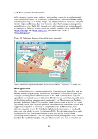 SADC Micro-Agricultural Water Management

different ones to capture, store, and apply water is often synergistic: a small amount of
water captured and stored can be used very productively and with minimal labor cost by
combining with drip kits or treadle pumps. But adaptation to local conditions, with poor
farmers empowered to make their own decisions, rather than being passive recipients is
critical to success (see Table 11). Currently, several organizations are testing alternative
technologies to find ways to reduce costs and optimize outcomes; these include RELMA
(www.relma.org), IDE (www.ideaorg.org), and South Africa’s DWAF
(www.dwaf.gov.za).

Figure 14. Schematic diagram of household water harvesting




Source: Marna de Lange Power Point for Addis PanAfrica Water Conference, December 2003.

Other opportunities
Our coverage in this report is not comprehensive; it is selective and focused on what we
believe are especially promising interventions. But here we draw attention to two agro-
ecologies deserving special attention in some of the SADC countries: flood recession
agriculture, and wetland (dambo) cultivation. Flood recession agriculture, i.e., cultivation
of flood plains as flood waters recede, is mentioned by our Mozambique and Zambian
partners. In Zambia, Daka (2006) describes ‘flood plain recession irrigation’ on a small
area around Lake Kariba; crops are grown on residual moisture after the rain season, with
supplemental irrigation as necessary to complete the crop. In Mozambique, flood
recession irrigation is more developed and sophisticated, using systems of canals and
dikes, and is largely for growing rice (Marques 2006). Two key adaptations have made
the system effective: smallholders limit the size of their holding to match labor
availability (usually around 0.5 ha); and they use different planting methods and varieties
based on the variable topography, soils, etc. These systems have been in operation for



                                             47
 