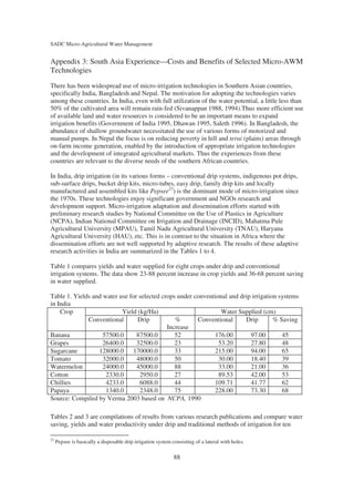 SADC Micro-Agricultural Water Management


Appendix 3: South Asia Experience—Costs and Benefits of Selected Micro-AWM
Technologies
There has been widespread use of micro-irrigation technologies in Southern Asian countries,
specifically India, Bangladesh and Nepal. The motivation for adopting the technologies varies
among these countries. In India, even with full utilization of the water potential, a little less than
50% of the cultivated area will remain rain-fed (Sivanappan 1988, 1994).Thus more efficient use
of available land and water resources is considered to be an important means to expand
irrigation benefits (Government of India 1995, Dhawan 1995, Saleth 1996). In Bangladesh, the
abundance of shallow groundwater necessitated the use of various forms of motorized and
manual pumps. In Nepal the focus is on reducing poverty in hill and terai (plains) areas through
on-farm income generation, enabled by the introduction of appropriate irrigation technologies
and the development of integrated agricultural markets. Thus the experiences from these
countries are relevant to the diverse needs of the southern African countries.

In India, drip irrigation (in its various forms – conventional drip systems, indigenous pot drips,
sub-surface drips, bucket drip kits, micro-tubes, easy drip, family drip kits and locally
manufactured and assembled kits like Pepsee23) is the dominant mode of micro-irrigation since
the 1970s. These technologies enjoy significant government and NGOs research and
development support. Micro-irrigation adaptation and dissemination efforts started with
preliminary research studies by National Committee on the Use of Plastics in Agriculture
(NCPA), Indian National Committee on Irrigation and Drainage (INCID), Mahatma Pule
Agricultural University (MPAU), Tamil Nadu Agricultural University (TNAU), Haryana
Agricultural University (HAU), etc. This is in contrast to the situation in Africa where the
dissemination efforts are not well supported by adaptive research. The results of these adaptive
research activities in India are summarized in the Tables 1 to 4.

Table 1 compares yields and water supplied for eight crops under drip and conventional
irrigation systems. The data show 23-88 percent increase in crop yields and 36-68 percent saving
in water supplied.

Table 1. Yields and water use for selected crops under conventional and drip irrigation systems
in India
    Crop                   Yield (kg/Ha)                         Water Supplied (cm)
              Conventional       Drip           %       Conventional      Drip        % Saving
                                             Increase
Banana              57500.0      87500.0        52            176.00        97.00        45
Grapes              26400.0      32500.0        23              53.20       27.80        48
Sugarcane         128000.0 170000.0             33            215.00        94.00        65
Tomato              32000.0      48000.0        50              30.00       18.40        39
Watermelon          24000.0      45000.0        88              33.00       21.00        36
Cotton               2330.0       2950.0        27              89.53       42.00        53
Chillies             4233.0       6088.0        44            109.71        41.77        62
Papaya               1340.0       2348.0        75            228.00        73.30        68
Source: Compiled by Verma 2003 based on NCPA, 1990

Tables 2 and 3 are compilations of results from various research publications and compare water
saving, yields and water productivity under drip and traditional methods of irrigation for ten

23
     Pepsee is basically a disposable drip irrigation system consisting of a lateral with holes.

                                                              88
 