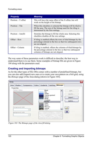 Formatting areas



  Property                      Meaning
  Position – Y offset           This will have the same effect of the X offset, but will
                                work on the height of the bitmap.
  Position – Tile               When this checkbox is selected the bitmap will be tiled to
                                fill the area. The size of the bitmap used for the tiling is
                                determined by the Size settings.
  Position – Autofit            Stretches the bitmap to fill the whole area. Selecting this
                                checkbox disables all the size settings.
  Offset – Row                  If tiling is enabled offsets the rows of tiled bitmaps by the
                                percentage entered in the box so that two subsequent rows
                                are not aligned.
  Offset – Column               If tiling is enabled, offsets the columns of tiled bitmaps by
                                the percentage entered in the box so that two subsequent
                                columns of bitmaps are not aligned.


The way some of these parameters work is difficult to describe; the best way to
understand them is to use them. Some examples of bitmap fills are given in Figure
104 along with the parameters used.

Creating and importing bitmaps
As for the other types of fill, OOo comes with a number of predefined bitmaps, but
you can also add (import) new ones or to create your own pattern on a 8x8 grid, using
the Bitmaps page of the Area dialog (shown in Figure 103).




Figure 103: The Bitmaps page of the Area fill dialog.




120                                                     Chapter 6 Formatting Graphic Objects
 