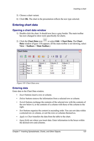 Inserting a chart


    5) Choose a chart variant.
    6) Click OK. The chart in the presentation reflects the new type selected.

Entering chart data
Opening a chart data window
    1) Double-click the chart. It should now have a gray border. The main toolbar
       has now changed to show tools specifically for charts.

    2) Click the Chart Data icon     or select Edit > Chart Data. The Chart
       Data window (Figure 119) appears. (If the main toolbar is not showing, select
       View > Toolbars > Main Toolbar.)




     Figure 119: Chart Data area

Entering data
Enter data in the Chart Data window.
    •   Insert buttons insert a row or column.
    •   Delete buttons remove the information from a selected row or column.
    •   Switch buttons exchange the contents of the selected row with the contents of
        the row below it, or the contents of a column with those of the column to the
        right.
    •   Sort buttons organize the content in ascending order. You can sort data within
        a selected row or column, or sort the rows or columns themselves.
    •   Apply to Chart transfers the data from the table to the chart.
    •   Input fields are where you insert data. Enter information in the boxes within
        the desired rows and columns.



Chapter 7 Inserting Spreadsheets, Charts, and Other Objects                           137
 