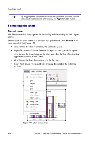 Inserting a chart



          Tip       By dragging the Chart Data window so that your chart is visible, you can
                    immediately see the results after clicking the Apply to Chart button.


Formatting the chart
Format menu
The format menu has many options for formatting and fine-tuning the look of your
charts.
Double-click the chart so that it is enclosed by a gray border. Click Format in the
main menu list. See Figure 120.
      •    Title formats the titles of the chart, the x axis and y axis.
      •    Legend formats the location, borders, background, and type of the legend.
      •    Axis formats the lines that create the chart as well as the font of the text that
           appears on both the X and Y axes.
      •    Grid formats the lines that create a grid for the chart.
      •    Chart Wall, Chart Floor, and Chart Area are described in the following
           sections.




                      Figure 120: Chart format menu




138                                 Chapter 7 Inserting Spreadsheets, Charts, and Other Objects
 