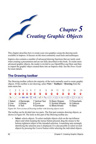 Chapter 5
                      Creating Graphic Objects

This chapter describes how to create your own graphics using the drawing tools
available in Impress. It focuses on the most commonly used tools and techniques.
Impress also contains a number of advanced drawing functions that are rarely used
when creating a presentation and are not fully described in this book. To create more
advanced graphic objects, the reader is invited to use OpenOffice.org Draw and then
to import the graphic object created there into an Impress slide. See the Draw Guide
for more details.


The Drawing toolbar
The Drawing toolbar collects the majority of the tools normally used to create graphic
objects. If this toolbar is not showing, select View > Toolbars > Drawing from the
main menu bar.




1 Select     4 Rectangle        7 Vertical Text    10 Basic Shapes         13 Flowcharts
2 Line       5 Ellipse          8 Curve            11 Symbol Shapes        14 Callouts
3 Arrow      6 Text             9 Connector        12 Block Arrows         15 Stars
Figure 64: First section of Drawing toolbar with drawing objects tools
The toolbar can be divided into two parts. The first part contains drawing objects, as
shown in Figure 64. The tools in this part of the Drawing toolbar are:
     •   Select: selects objects. To select multiple objects click on the top leftmost
         object and while keeping the mouse button pressed, drag the mouse to the
         bottom rightmost object of the intended selection. A marching ants rectangle
         identifying the selection area is displayed. It is also possible to select several
         objects by pressing the Control button while selecting the individual objects.

82                                                      Chapter 5 Creating Graphic Objects
 