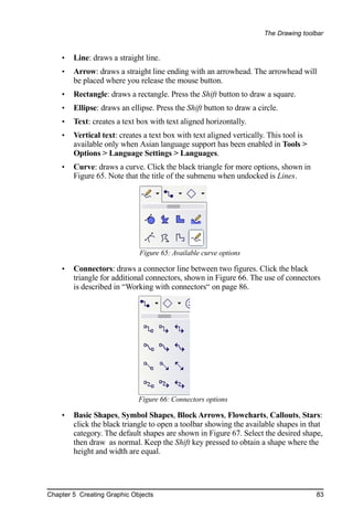 The Drawing toolbar


    •   Line: draws a straight line.
    •   Arrow: draws a straight line ending with an arrowhead. The arrowhead will
        be placed where you release the mouse button.
    •   Rectangle: draws a rectangle. Press the Shift button to draw a square.
    •   Ellipse: draws an ellipse. Press the Shift button to draw a circle.
    •   Text: creates a text box with text aligned horizontally.
    •   Vertical text: creates a text box with text aligned vertically. This tool is
        available only when Asian language support has been enabled in Tools >
        Options > Language Settings > Languages.
    •   Curve: draws a curve. Click the black triangle for more options, shown in
        Figure 65. Note that the title of the submenu when undocked is Lines.




                             Figure 65: Available curve options

    •   Connectors: draws a connector line between two figures. Click the black
        triangle for additional connectors, shown in Figure 66. The use of connectors
        is described in “Working with connectors“ on page 86.




                             Figure 66: Connectors options

    •   Basic Shapes, Symbol Shapes, Block Arrows, Flowcharts, Callouts, Stars:
        click the black triangle to open a toolbar showing the available shapes in that
        category. The default shapes are shown in Figure 67. Select the desired shape,
        then draw as normal. Keep the Shift key pressed to obtain a shape where the
        height and width are equal.




Chapter 5 Creating Graphic Objects                                                     83
 