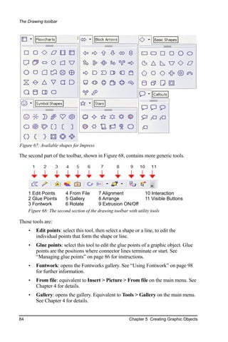 The Drawing toolbar




Figure 67: Available shapes for Impress

The second part of the toolbar, shown in Figure 68, contains more generic tools.




     1 Edit Points      4 From File       7 Alignment              10 Interaction
     2 Glue Points      5 Gallery         8 Arrange                11 Visible Buttons
     3 Fontwork         6 Rotate          9 Extrusion ON/Off
     Figure 68: The second section of the drawing toolbar with utility tools

Those tools are:
     •   Edit points: select this tool, then select a shape or a line, to edit the
         individual points that form the shape or line.
     •   Glue points: select this tool to edit the glue points of a graphic object. Glue
         points are the positions where connector lines terminate or start. See
         “Managing glue points” on page 86 for instructions.
     •   Fontwork: opens the Fontworks gallery. See “Using Fontwork” on page 98
         for further information.
     •   From file: equivalent to Insert > Picture > From file on the main menu. See
         Chapter 4 for details.
     •   Gallery: opens the gallery. Equivalent to Tools > Gallery on the main menu.
         See Chapter 4 for details.


84                                                       Chapter 5 Creating Graphic Objects
 