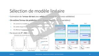 Sélection de modèle linéaire
6/30/2016 BORIS GUARISMA - FORMATION DATA SCIENTIST - SÉLECTION DE MODÈLE 14
• Estimation de l’erreur de test avec validation croisée (k-fold cross validation)
• On estime l’erreur de prédiction pour chaque modèle ℳ𝑝 (p variables):
1. On construit un modèle 𝑚 𝑝𝑖 (à p variables) pour chaque fold i, i=1,..,k
2. On valide chaque modèle 𝑚 𝑝𝑖: calcul du MSE avec données test
3. On effectue la moyenne des k MSE
• Pas besoin de ෝ𝝈2 = RSE ni de d
𝑚 𝑝1 𝑚 𝑝2 𝑚 𝑝3
=> MSE1 => MSE2 => MSE3
fold 1 fold 2 fold 3
Estimation des erreurs de test pour chaque modèle ℳ𝑝, p=0,1, ..,11
moyenne des k MSE
moyenne des k MSE
moyenne des k MSE
 