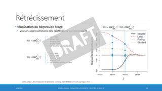 Rétrécissement
6/30/2016 BORIS GUARISMA - FORMATION DATA SCIENTIST - SÉLECTION DE MODÈLE 16
• Pénalisation ou Régression Ridge
• Valeurs approximatives des coefficients qui minimisent
RSS + 100 RSS + 200
RSS + 100
• Limit ~380
• Rating ~250
• Student ~140
• Income ~-280
• + 6 variables proches de zéro
RSS + 200
• Limit ~200
• Rating ~200
• Student ~100
• Income ~-100
• + 6 variables proches de zéro
James and al., An introduction to Statistical Learning, ISBN 9781461471370, Springer, 2014
 
