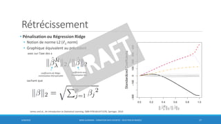 Rétrécissement
6/30/2016 BORIS GUARISMA - FORMATION DATA SCIENTIST - SÉLECTION DE MODÈLE 17
• Pénalisation ou Régression Ridge
• Notion de norme L2 (𝓁2 norm)
• Graphique équivalent au précédent
avec sur l’axe des x
sachant que
coefficients avec
minimisation RSS
coefficients de Ridge:
minimisation RSS+pénalité
James and al., An introduction to Statistical Learning, ISBN 9781461471370, Springer, 2014
 