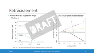 Rétrécissement
6/30/2016 BORIS GUARISMA - FORMATION DATA SCIENTIST - SÉLECTION DE MODÈLE 18
• Pénalisation ou Régression Ridge
• Meilleur λ
MSE = variance + biais2
variance
biais
…il serait préférable d’annuler les variables proches de
zéro si l’on souhaite effectuer une sélection de modèle…
James and al., An introduction to Statistical Learning, ISBN 9781461471370, Springer, 2014
 