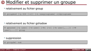 Linux LPIC1 – Comptia Linux+ noelmace.com
Modifier et supprimer un groupe
• relativement au fichier group
• relativement au fichier gshadow
• suppression
# groupmod [-g GID [-o]] [-n newgroupname] oldgroupname# groupmod [-g GID [-o]] [-n newgroupname] oldgroupname
# gpasswd [-a user] [-d user] [-R] [-r] [-A user[,...]] [-M
user[,...]] group
# gpasswd [-a user] [-d user] [-R] [-r] [-A user[,...]] [-M
user[,...]] group
# groupdel nom# groupdel nom
 