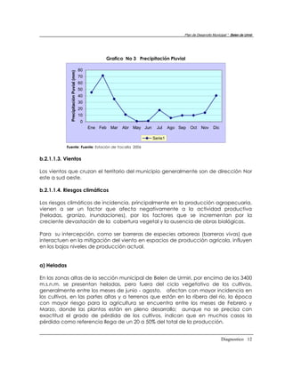 Plan de Desarrollo Municipal “ Belen de Urmir




                                                    Grafico No 3 Precipitación Pluvial

                                         80
             Precipitación Puvial (mm)
                                         70
                                         60
                                         50
                                         40
                                         30
                                         20
                                         10
                                          0
                                              Ene Feb Mar   Abr May Jun     Jul    Ago Sep   Oct    Nov     Dic

                                                                          Serie1

           Fuente: Fuente: Estación de Yocalla 2006


b.2.1.1.3. Vientos

Los vientos que cruzan el territorio del municipio generalmente son de dirección Nor
este a sud oeste.

b.2.1.1.4. Riesgos climáticos

Los riesgos climáticos de incidencia, principalmente en la producción agropecuaria,
vienen a ser un factor que afecta negativamente a la actividad productiva
(heladas, granizo, inundaciones), por los factores que se incrementan por la
creciente devastación de la cobertura vegetal y la ausencia de obras biológicas.

Para su intercepción, como ser barreras de especies arboreas (barreras vivas) que
interactuen en la mitigación del viento en espacios de producción agrícola, influyen
en los bajos niveles de producción actual.


a) Heladas

En las zonas altas de la sección municipal de Belen de Urmiri, por encima de los 3400
m.s.n.m. se presentan heladas, pero fuera del ciclo vegetativo de los cultivos,
generalmente entre los meses de junio - agosto, afectan con mayor incidencia en
los cultivos, en las partes altas y a terrenos que están en la ribera del río, la época
con mayor riesgo para la agricultura se encuentra entre los meses de Febrero y
Marzo, donde las plantas están en pleno desarrollo; aunque no se precisa con
exactitud el grado de pérdida de los cultivos, indican que en muchos casos la
pérdida como referencia llega de un 20 a 50% del total de la producción.


                                                                                                                  Diagnostico 12
 