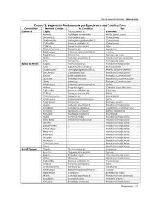 Plan de Desarrollo Municipal “ Belen de Urmir


           Cuadro12: Vegetación Predominante por Especie en cada Contón y Zona
  Comunidad          Nombre Común              N. Cientifico                         Uso
Cahuayo           Captu             Trichocereus sp                   consumo
                  Kewiña            Polyllepis tomentella             Leña, const. casa
                  Sehuenca          Cortaderia ssp.                   Curaciones
                  Garbancillo       Astragalus garbancillo C.         Curaciones
                  Cebadilla         Bromus uniloides H.               Curaciones
                  Chillca           Senecio pampae L.                 leña
                  Chachacoma        Senecio sp.                       Medicina
                  Añahuaya          Edesmia spiinossisima M.          cosina
                  Paja Brava        Stipa ichu                        Forrajes de casa
                  Muña              Satureja pavirfolia E.            medicina Para anemias
                  Ichu              Stipa ichu                        Forrajes de casa
Belen de Urmiri   Captu             Trichocereus sp                   Medicina Tradicional
                  Tuna              Opuntia Picus indica              Fruta silvestre
                  Garbancillo       Astragalusgarbancillo C.          Planta silvestre dañino
                  Sehuenca          Cortaderia ssp.                   Medicina Tradicional
                  Sauce             Salix babilónica                  Forraje y Construcción
                  Quenua            Polylepis incana                  Medicina y construcción
                  Olmo              Ulmus sp                          Forraje y Construcción
                  Añahuaya          Edesmia spiinossisima M.          Leña
                  Alamo             Populus nigra                     Construccion de casa
                  Cebadilla         Bromus uniloides H.               Pastoreo
                  Chillca           Senecio pampae L.                 Leña
                  Chachacoma        Senecio sp.                       Medicianal
                  Añahuaya          Edesmiaspinossisima M.            Leña
                  Paja Brava        Stipa ichu                        Forraje y pasto
                  Muña              Satureja pavirfolia E.            Medicina Tradicional
                  Eucalipto         Eucaliptos globulus               Medicina y construcción
                  Retama            Spartium junceum                  Leña y Medicina
                  Kishuara          Buddleja coriacea                 Medicinal
                  Molle             Schimus molle                     Medicina Tradicional
                  Reloj Reloj       Medicina tradicional              Medicina tradicional
                  Llantén                                             Medicina tradicional
                  Sarsa Parrilla                                      Medicina tradicional
                  Amor Seco                                           Medicina tradicional
                  Wira wira                                           Medicina tradicional
                  Airampo                                             Medicina tradicional
                  Ithapilla                                           Medicina tradicional
                  Huaraco                                             Medicina tradicional
                  Chinchircoma                                        Medicina tradicional
                  Paico                                               Medicina tradicional
Urmiri Pampa      Captu             Trichocereus sp                   consumo
                  Sunchu            Vigueria lanceolata               Forraje
                  Alamo             Popullus nigra                    Construción de casa
                  Olmo              Ulmus sp                          Medicina Tradicional
                  Cebadilla         Bromus uniloides H.               Curaciones
                  Chillca           Senecio pampae L.                 leña
                  Chachacoma        Senecio sp.                       Medicina
                  Añahuaya          Edesmia spiinossisima M.          cosina
                  Paja Brava        Stipa ichu                        Forrajes de casa
                  Muña              Satureja pavirfolia E.            Medicina Para anemias
                  Eucalipto         Eucalyptusssp.                    Madera y leña
                  Kishuara          Buddleja coriacea                 Medicina Tradicional

                                                                                        Diagnostico 17
 