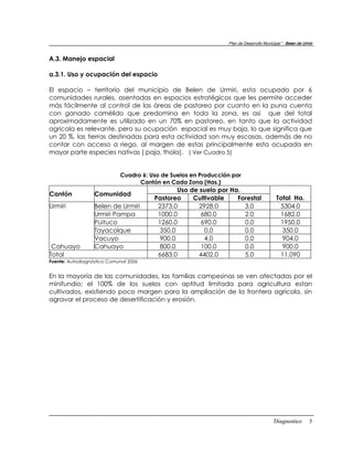 Plan de Desarrollo Municipal “ Belen de Urmir


A.3. Manejo espacial

a.3.1. Uso y ocupación del espacio

El espacio – territorio del municipio de Belen de Urmiri, esta ocupado por 6
comunidades rurales, asentadas en espacios estratégicos que les permite acceder
más fácilmente al control de las áreas de pastoreo por cuanto en la puna cuenta
con ganado camélido que predomina en toda la zona, es asi que del total
aproximadamente es utilizado en un 70% en pastoreo, en tanto que la actividad
agricola es relevante, pero su ocupación espacial es muy baja, lo que significa que
un 20 %, las tierras destinadas para esta actividad son muy escasas, además de no
contar con acceso a riego, al margen de estas principalmente esta ocupada en
mayor parte especies nativas ( paja, thola). ( Ver Cuadro 5)


                            Cuadro 6: Uso de Suelos en Producción por
                                  Cantón en Cada Zona (Has.)
                                               Uso de suelo por Ha.
Cantón            Comunidad
                                       Pastoreo     Cultivable    Forestal               Total Ha.
Urmiri            Belen de Urmiri       2373.0        2928.0        3.0                   5304.0
                  Urmiri Pampa          1000.0         680.0        2.0                   1682.0
                  Puituco               1260.0         690.0        0.0                   1950.0
                  Tayacolque             350.0          0.0         0.0                    350.0
                  Vacuyo                 900.0          4.0         0.0                    904.0
 Cahuayo          Cahuayo                800.0         100.0        0.0                    900.0
Total                                   6683.0        4402.0        5.0                   11.090
Fuente: Autodiagnóstico Comunal 2006


En la mayoría de las comunidades, las familias campesinas se ven afectadas por el
minifundio; el 100% de los suelos con aptitud limitada para agricultura estan
cultivados, existiendo poco margen para la ampliación de la frontera agrícola, sin
agravar el proceso de desertificación y erosión.




                                                                                        Diagnostico        5
 
