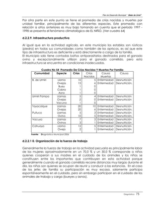 Plan de Desarrollo Municipal “ Belen de Urmir”

Por otra parte en este punto se tiene el promedio de crías nacidas y muertes por
unidad familiar, principalmente de las diferentes especies. Este promedio con
relación a años anteriores es muy bajo tomando en cuenta que el período 1997 -
1998 se presenta el fenómeno climatológico de EL NIÑO. (Ver cuadro 64)

d.2.2.9. Infraestructura productiva

Al igual que en la actividad agrícola, en este municipio los establos son rústicos
(piedra) en todas sus comunidades como también de los apriscos, es así que este
tipo de infraestructura es deficiente y está directamente a cargo de la familia.
El Municipio solo tiene contadas baños antiparasitarios destinados para el ganado
ovino y excepcionalmente utilizan para el ganado camélido, pero esta
infraestructura se encuentra en condiciones inadecuadas.

               Cuadro No 54 Promedio De Crías Nacidas Y Muertas Por Familia
         Comunidad       Especie     Crías     Crías       Causa       Causa
                                             Nacidas      Muertas
       B. de Urmiri       Llama          10           5 Enfermedad Desnutrición
                          Ovejas         15           6 Enfermedad Desnutrición.
                           Buey           1           0
                          Cabra           1           0
                           Asno           1           0
       Urmiri Pampa       Llamas          5           4 Enfermedad Desnutrición
                          Ovejas          2           0 Enfermedad Desnutrición
                         Vacuno           1           0
       Tayacolque         Llamas         20          10 Enfermedad Desnutrición
                          Ovejas         20           6 Enfermedad Desnutrición.
       Puituco            Llamas          5           3 Enfermedad Desnutrición
                           Ovino         10           5 Enfermedad Desnutrición.
       Vacuyo             Llamas          7           3 Enfermedad Desnutrición
                          Ovinos          3           1 Enfermedad Desnutrición
       Cahuayo            Llama          12           5 Enfermedad Desnutrición
                          Oveja           2           1 Enfermedad Desnutrición
      Fuente:   Diagnóstico Municipal 2006


d.2.2.1 0. Organización de la fuerza de trabajo

Generalmente la fuerza de trabajo en la actividad pecuaria es principalmente labor
de las mujeres aproximadamente en un 70,0 % y un 30,0 % corresponde a niños
quienes cooperan a sus madres en el cuidado de los animales y los niños se
constituyen entre los importantes que contribuyen en esta actividad porque
generalmente cuando el ganado camélido recorre distancias muy largas durante el
día, los niños son quienes se ocupan de reunir y conducir a las estancias. En el caso
de los jefes de familia su participación es muy escasa, solamente participa
espontáneamente en el cuidado, pero sin embargo participan en el cuidado de los
animales de trabajo y carga (bueyes y asnos).




                                                                                   Diagnóstico    75
 