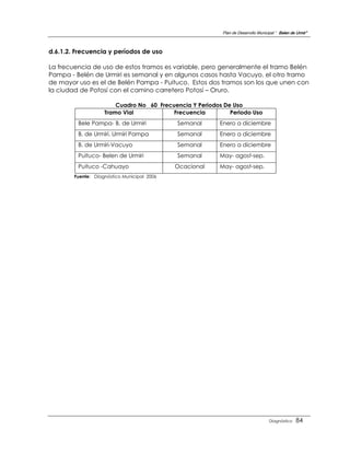 Plan de Desarrollo Municipal “ Belen de Urmir”



d.6.1.2. Frecuencia y períodos de uso

La frecuencia de uso de estos tramos es variable, pero generalmente el tramo Belén
Pampa - Belén de Urmiri es semanal y en algunos casos hasta Vacuyo, el otro tramo
de mayor uso es el de Belén Pampa - Puituco. Estos dos tramos son los que unen con
la ciudad de Potosí con el camino carretero Potosí – Oruro.

                        Cuadro No 60 Frecuencia Y Periodos De Uso
                    Tramo Vial            Frecuencia         Periodo Uso
         Bele Pampa- B. de Urmiri            Semanal     Enero a diciembre
         B. de Urmiri. Urmiri Pampa          Semanal     Enero a diciembre
         B. de Urmiri-Vacuyo                 Semanal     Enero a diciembre
         Puituco- Belen de Urmiri            Semanal     May- agost-sep.
         Puituco -Cahuayo                    Ocacional   May- agost-sep.
        Fuente: Diagnóstico Municipal 2006




                                                                                   Diagnóstico    84
 