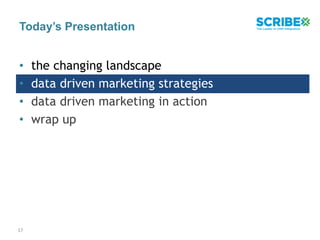 Today’s Presentation
• the changing landscape
• data driven marketing strategies
• data driven marketing in action
• wrap up
17
 