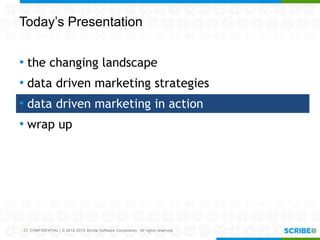 CONFIDENTIAL | © 2012-2013 Scribe Software Corporation. All rights reserved.
Today’s Presentation
• the changing landscape
• data driven marketing strategies
• data driven marketing in action
• wrap up
22
 
