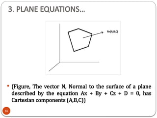 3. PLANE EQUATIONS…
 (Figure, The vector N, Normal to the surface of a plane
described by the equation Ax + By + Cz + D = 0, has
Cartesian components (A,B,C))
16
 