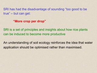 SRI has had the disadvantage of sounding “too good to be true” – but can get: “ More crop per drop” SRI is a set of princi...