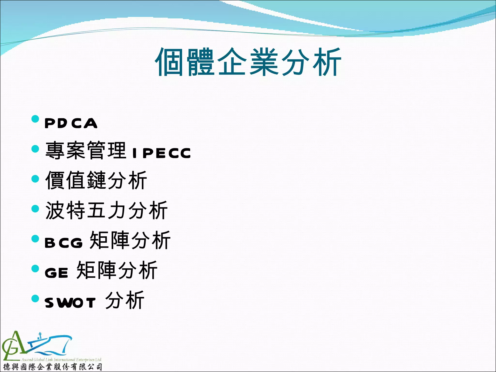 個體企業分析
 PD CA
 專案管理 I PECC
 價值鏈分析
 波特五力分析
 B CG 矩陣分析
 GE 矩陣分析
 SWOT 分析
 