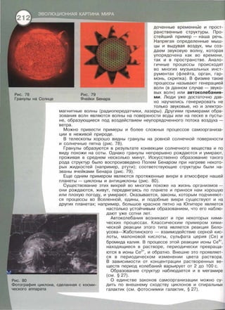 Рис. 78
Гранулы на Солнце
Рис. 80
Рис. 79
Ячейки Бенара
доченные временнЫе и прост­
ранственные структуры. Про­
стейший пример - наша речь.
Напрягая определенные мыш­
цы и выдувая воздух, мы соз­
даем звуковую волну, которая
упорядочена как во времени,
так и в пространстве. Анало­
гичные процессы происходят
во многих музыкальных инст­
рументах (флейта, орган, гар­
монь, скрипка). В физике такие
процессы называют генерацией
волн (в данном случае- звуко-
вых волн) или автоколебания­
ми. Люди уже достаточно дав­
но научились генерировать не
только звуковые, но и электро­
магнитные волны (радиопередатчики, лазеры). Другими примерами обра­
зования волн являются волны на поверхности воды или на песке в пусты­
не, образующиеся под воздействием неупорядоченного потока воздуха -
ветра.
Можно привести примеры и более сложных процессов самоорганиза­
ции в неживой природе.
В телескопы хорошо видны гранулы на ровной солнечной поверхности
и солнечные пятна (рис. 78).
Гранулы образуются в результате конвекции солнечного вещества и по
виду похожи на соты. Однако гранулы непрерывно рождаются и умирают,
проживая в среднем несколько минут. Искусственно образование такого
рода структур было воспроизведено Полем Бенаром при нагреве некото­
рых жидкостей (например, ртути); соответствующие структуры были на­
званы ячейками Бенара (рис. 79).
Еще одним примерам являются протяженные вихри в атмосфере нашей
планеты - циклоны и антициклоны (рис. 80).
Существование этих вихрей во многом похоже на жизнь организмов -
они рождаются, живут, передвигаясь по планете и принося нам хорошую
или плохую погоду, и умирают. Оказывается, законы, которым подчиняют­
ся процессы во Вселенной, едины, и подобные вихри существуют и на
других планетах; например, большое красное пятно на Юпитере является
настолько устойчивым образованием, что его наблю­
дают уже сотни лет.
Автоколебания возникают и при некоторых хими­
ческих процессах. Классическим примерам хими­
ческой реакции этого типа является реакция Бело­
усова-Жаботинского - взаимодействие серной кис­
лоты, малоновой кислоты, сульфата церия (Се) и
бромида калия. В процессе этой реакции ионы Се4
+,
находящиеся в растворе, периодически превраща­
ются в ионы Се3
+, и обратно. Внешне это проявляет­
ся в периодическом изменении цвета раствора.
В зависимости от концентрации растворенных ве­
ществ период колебаний варьирует от 2 до 100 с.
Образование структур наблюдается и в мегамире
(см. § 27).
Фотография циклона, сделанная с косми­
ческого аппарата
О единстве законов самоорганизации можно су­
дить по внешнему сходству циклонов и спиральных
галактик (см. фотоснимки галактик, § 27).
 