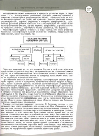 Теоретические методы исследования
Классификация может изменяться в процессе развития науки. В сере­
дине ХХ в. исследование различных ядерных реакций привело к
открытию элементарных (неделящихся) частиц. Первоначально их ста­
ли классифицировать по массе; так появились лептоны (мелкие), мезоны
(промежуточные), барионы (крупные) и гипероны (сверхкрупные). Даль­
нейшее развитие физики показала, что классификация по массе имеет
мало физического смысла, однако термины сохранились, в результате че­
го появились лептоны, значительно более массивные, чем барионы.
Классификацию удобно отражать в виде таблиц или схем (графов).
Например, классификация планет Солнечной системы, представленная
граф-схемой, может выглядеть так:
БОЛЬШИЕ ПЛАНЕТЫ
СОЛНЕЧНОЙ СИСТЕМЫ
1
.. 1. ..
ПЛАНЕТЫ ЗЕМНОЙ
1 ПЛУТОН 1 ПЛАНЕТЫ-ГИГАНТЫ
ГРУППЫ
• • j_ j_
Меркурий 1 1 Земля 1 Уран 1 1 Нептун 1
1Венераl 1 Марс 1 1 Юпитер 1 1 Сатурн 1
Обратите внимание на то, что планета Плутон в этой классификации
представляет отдельный подкласс, не принадлежит ни к планетам земной
группы, ни к планетам-гигантам. Это карликовая планета. Ученые отмеча­
ют, что Плутон по свойствам похож на астероид, каких может быть мно­
го на периферии Солнечной системы.
При изучении сложных систем природы классификация служит факти­
чески первым шагом к построению естественно-научной теории . Следую­
щим, более высоким уровнем является систематизация (систематика).
Систематизация осуществляется на основе классификации достаточно
большого объема материала. При этом выделяют наиболее существенные
признаки, позволяющие представить накопленный материал как систему,
в которой отражены все различные взаимосвязи между объектами . Она
необходима в тех случаях, когда имеется многообразие объектов и сами
объекты являются сложными системами. Результатом систематизации на­
учных данных является систематика, или, иначе , таксономия. Системати­
ка, как область науки, развивалась в таких областях знания, как биология,
геология, языкознание, этнография.
Единицу систематики называют таксоном. В биологии таксаны - это,
например, тип, класс, семейство, род, отряд и др. Они объединены в еди­
ную систему таксанов различного ранга по иерархическому принципу. Та­
кая система включает описание всех существующих и вымерших организ­
мов , выясняет пути их эволюции. Если ученые находят новый вид, то они
должны подтвердить его место в общей системе. Могут быть внесены из­
менения и в саму систему, которая остается развивающейся, динамичной.
Систематика позволяет легко ориентироваться во всем многообразии ор­
ганизмов - только животных известно около 1,5 млн видов, а растений -
более 500 тыс. видов, не считая другие группы организмов. Современная
биологическая систематика отражает закон Сент-Илера: <<Все многообра­
зие форм жизни формирует естественную таксономическую систему, со­
стоящую из иерархических групп таксанов различного ранга » .
 