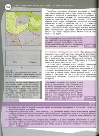 а
Холм Вnадина
б
Рис. 11
Фрагмент топографической карты, на
которой приведены: линии равных высот
(а); изображение холмов и впадин (б)
Наглядное изображение векторного
поля можно также найти на геогра­
фической карте- это линии течений ,
которые соответствуют полю скорос­
тей жидкости. Скорость частички во­
ды всегда направлена по касательной
к такой линии. Аналогичными линия­
ми изображают и другие поля .
Подобное описание называют полевым , а функ­
цию, определяющую некоторую характеристику про­
тяженного объекта в зависимости от координат и
времени, называют полем. В приведенных выше
примерах функция M(x,y,t) представляет собой ска­
лярное поле, характеризующее плотность деловой
древесины в лесу , а функция u (x, у, z, t) - вектор­
ное поле, характеризующее скорость течения жид­
кости . Различных полей существует великое множе­
ство . Фактически , описывая любой протяженный
объект как нечто непрерывное, можно ввести свое
поле , и не одно.
При непрерывном (континуальном) описа­
нии некоторого протяженного объекта ис­
пользуют понятие поля. Поле- это неко­
торая характеристика объекта, выраженная
как функция от координат и времени.
НАГЛЯДНОЕ ИЗОБРАЖЕНИЕ ПОЛЯ. При дискретном
описании некоторой системы наглядное изображе­
ние не вызывает затруднений . Примерам может
быть знакомая вам схема Солнечной системы. Но
как можно изобразить поле? Обратимся к топогра­
фической карте местности (рис. 11 , а).
На этой карте , помимо всего прочего, приведены
линии равных высот для холмов и впадин (рис 11, б).
Это и есть одно из стандартных наглядных изоб­
ражений скалярного поля, в данном случае поля вы­
соты над уровнем моря . Линии равных высот , т. е .
линии в пространстве , на которых поле принимает
одинаковое значение , проводятся через некоторый
интервал .
Поле можно наглядно изобразить в виде
линий в пространстве. Для скалярного по­
ля линии проводят через точки, в которых
значение переменной поля постоянно (ли­
нии постоянного значения поля) . Для век­
торного поля направленные линии прово­
дят так, что в каждой точке линии вектор,
соответствующий полю в данной точке, бу­
дет касательным к этой линии .
На метеорологических картах проводят линии, называемые изотермами и изобарами. Каким по­
лям соответствуют эти линии?
.._ Представьте реальное поле- поле пшеницы. Под действием ветра колоски наклоняются, причем
в каждой точке пшеничного поля наклон колосков разный. Придумайте поле, т. е. укажите величи­
ну, которая могла бы описать наклон колосков на пшеничном поле. Какое это поле: скалярное или
векторное?
.._ Планета Сатурн имеет кольца, которые nри наблюдении с Земли кажутся сплошными, но на са­
мом деле представляют собой множество мельчайших спутников, движущихся по круговым траек­
ториям. В каких случаях целесообразно для колец Сатурна применять дискретное описание, а в
каких - непрерывное?
 