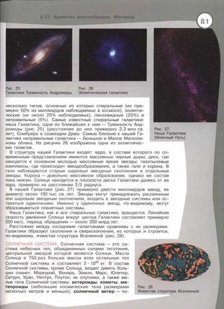 Рис. 25 Рис. 26
Галактика Туманность Андромеды Эллиптическая галактика
несколько типов, основные из которых спиральные (их при­
мерно 50% из миллиардов наблюдаемых в космосе), эллипти­
ческие (их около 25% наблюдаемых), линзавидные (20%) и
неправильные (5%). Самые известные спиральные галактики:
наша Галактика, одна из ближайших к нам- Туманность Анд­
ромеды (рис. 25) (расстояние до нее примерно 2,3 млн св.
лет), Сомбреро в созвездии Девы. Самые близкие к нашей Га­
лактике неправильные галактики - Большое и Малое Магелла­
новы облака. На рисунке 26 изображена одна из эллиптичес­
ких галактик.
Рис. 27
Наша Галактика
(Млечный Путь)
В структуру нашей Галактики входят: ядро, в составе которого по со­
временным представлениям имеются массивные черные дыры; диск, где
находятся в основном молодые массивные яркие звезды; газапылевые
комплексы, где происходит звездообразование, а также гало и корона. В
гало наблюдаются старые шаровые звездные скопления и отдельные
звезды . Корона- довольно массивное образование, однако ее состав
пока неясен. Солнце находится в плоскости диска Галактики далеко от ее
ядра, примерно на расстоянии 2/3 радиуса.
В нашей Галактике (рис . 27) примерно двести миллиардов звезд, ее
диаметр около 100 ты с . св. лет. Звезды могут принадлежать рассеянным
или шаровым звездным скоплениям, входить в звездные системы или ос­
таваться одиночными. Именно у одиночных звезд, по-видимому, могут
образовываться планетные системы.
Наша Галактика, как и все спиральные галактики, вращается. Линейная
скорость движения Солнца вокруг центра Галактики составляет примерно
250 кмjс, период обращения- около 200 млрд лет.
Расстояния между соседними галактиками сравнимы с их размерами .
Галактики образуют скопления и сверхскопления, из которых и строится,
по-видимому, ячеистая структура Вселенной (рис. 28).
СОЛНЕЧНАЯ СИСТЕМА. Солнечная система - это си­
стема небесных тел, объединенных силами тяготения,
центральной звездой которой является Солнце. Масса
Солнца в 750 раз больше массы всех остальных тел
Солнечной системы и составляет 2 · 1030
кг. В состав
Солнечной системы, кроме Солнца, входят девять боль­
ших планет: Меркурий, Венера, Земля, Марс, Юпитер,
Сатурн, Уран, Нептун, Плутон; их спутники, а также ма­
лые тела Солнечной системы: астероиды, кометы, ме­
теороиды (небольшие космические тела размерами
несколько метров и меньше); солнечный ветер - по-
Рис. 28
Ячеистая структура Вселенной
 