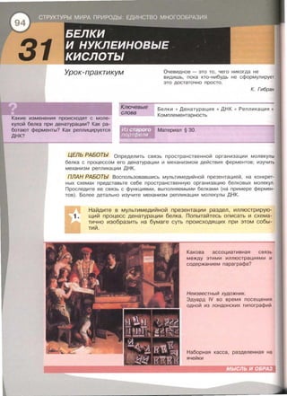 Урок-практикум
Какие изменения происходят с моле­
кулой белка при денатурации? Как ра­
ботают ферменты? Как реплицируется
ДНК?
Ключевые
слова
Очевидное - это то , чего никогда не
видишь, пока кто-нибудь не сформулирует
это достаточно просто .
К. Гибран
Белки • Денатурация • ДНК • Репликация •
Комплементарность
Материал § 30.
ЦЕЛЬ РАБОТЫ Определить связь пространственной организации молекулы
белка с процессом его денатурации и механизмом действия ферментов ; изучить
механизм репликации ДНК.
ПЛАН РАБОТЫ Воспользовавшись мулыимедийной презентацией , на конкрет­
ных схемах представые себе пространственную организацию белковых молекул .
Проследите ее связь с функциями , выполняемыми белками (на примере фермен­
тов). Более детально изучите механизм репликации молекулы ДНК.
Найдите в мулыимедийной презентации раздел , иллюстрирую­
щий процесс денатурации белка. Попытайтесь описать и схема­
тично изобразить на бумаге суть происходящих при этом собы­
тий.
Какова ассоциативная связь
между этими иллюстрациями и
содержанием параграфа?
Неизвестный художник.
Эдуард IV во время посещения
одной из лондонских типографий
Наборная касса , разделенная на
ячейки
 