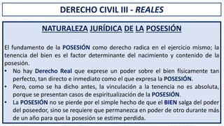 DERECHO CIVIL III - REALES
NATURALEZA JURÍDICA DE LA POSESIÓN
El fundamento de la POSESIÓN como derecho radica en el ejerc...