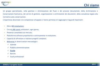 ZEROD e il progetto Scuola 2015
 Oltre 400 installazioni;
 Circa 6.000 utenti utilizzatori, ogni giorno;
 Presenza consolidata sul mercato;
 Piattaforma software proprietaria e continuamente in evoluzione;
 Capacità di affrontare e risolvere progetti complessi;
 Referenze in diversi settori merceologici:
 Aziende
 Pubblica Amministrazione
 Scuola
 Banche
 Studi professionali
Chi siamo
Un gruppo specializzate, nella gestione e ottimizzazione dei flussi e dei processi documentali, della Archiviazione e
Conservazione Sostitutiva, dei servizi di gestione, organizzazione e archiviazione dei documenti, della consulenza legata alla
normativa sulla conservazione.
L’esperienza decennale e le competenze sviluppate ci hanno permesso di raggiungere traguardi importanti:
 